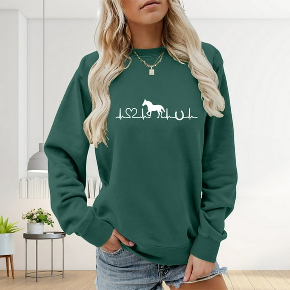 Green Womens Tops Horse Sweatshirt for Women Cute Heartbeat Graphic Shirts Long Sleeve Crew Neck Pullover Tops Horse Lover Womens Fashion Clothing