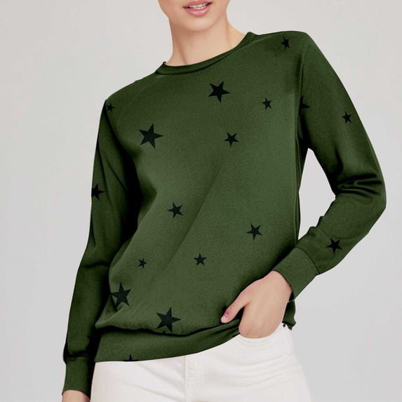 Green Womens Tops Ladies Loose Large Long Sleeved T Shirt Star Printed Sweater Fall Outfits for Women 2025
