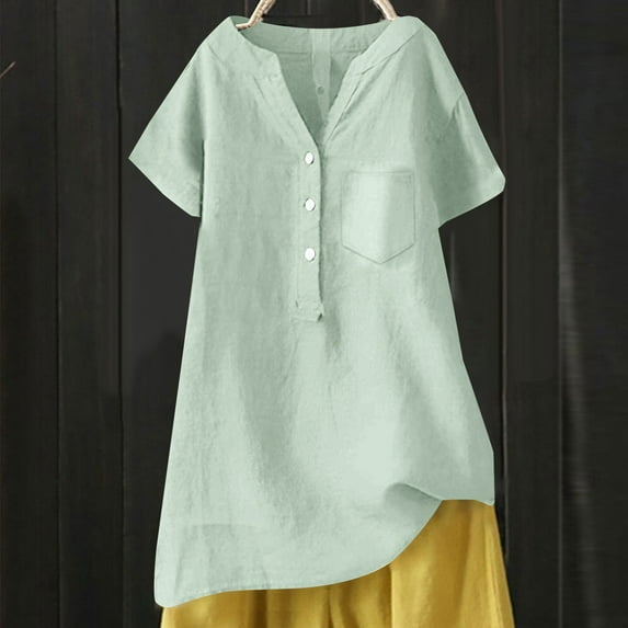 Green Womens Tops Linen Blouse Summer Beach Short Sleeve V Neck Button Down Top Casual Tunic Loose Shirt 2025 Shirts for Women
