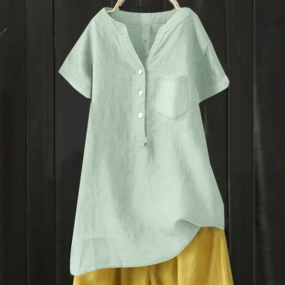 Green Womens Tops Linen Blouse Summer Beach Short Sleeve V Neck Button Down Top Casual Tunic Loose Shirt 2025 Shirts for Women