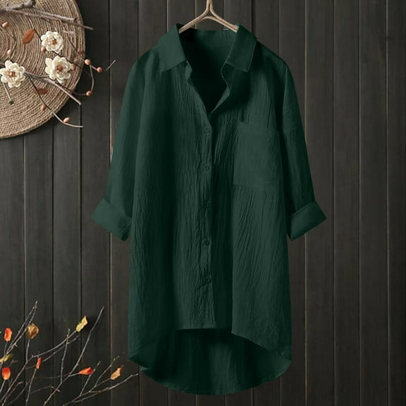 Green Womens Tops Muslin Blouse Women's Cotton Linen Long Sleeve V Neck Loose Casual Tops Plain Oversize Linen Blouse Button Down Lightweight Shirts for Women