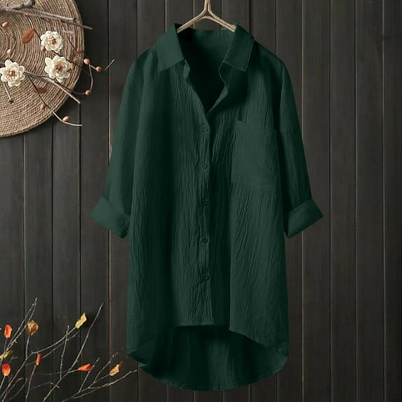 Green Womens Tops Muslin Blouse Women's Cotton Linen Long Sleeve V Neck Loose Casual Tops Plain Oversize Linen Blouse Button Down Lightweight Shirts for Women