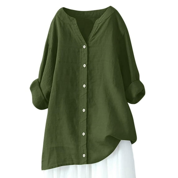 Green Womens Tops Muslin Blouse Women's Elegant Plain T Shirt V Neck Linen Blouse with Buttons Summer Cotton Linen Shirts Oversize Tops Linen Long Shirts for Women