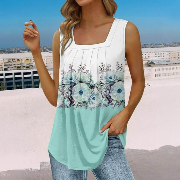 Green Womens Tops Summer Tank Tops for Women 2025 Loose Fit Pleated Square Neck Sleeveless Shirt Curved Flowy Vest Basic Cotton Tee Shirts for Women
