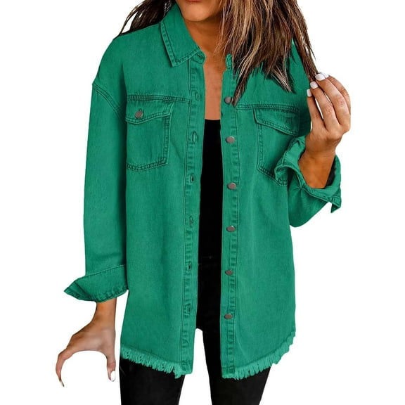 Green Womens Tops Washed Denim Shirt Jacket Fashion Casual Hem Women's Jacket Going Out Tops for Women