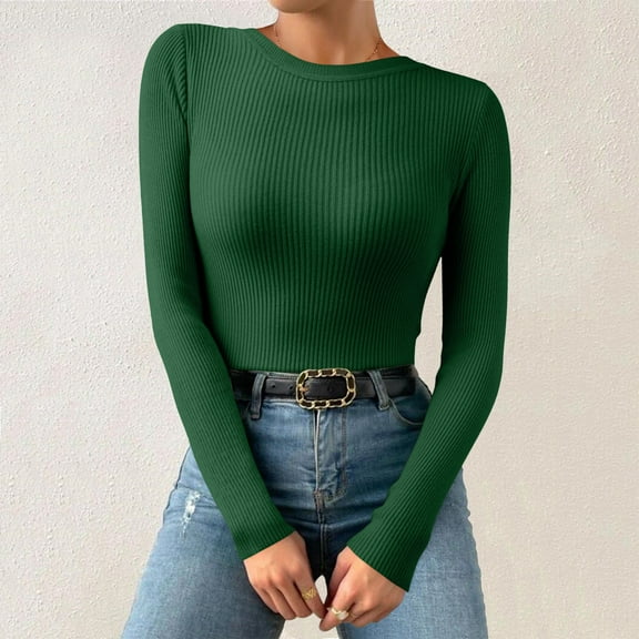 Green Womens Tops Women Casual Multicolor Basic Round Neck Solid Color Knit Long Sleeve Bodysuit Top Going Out Tops for Women