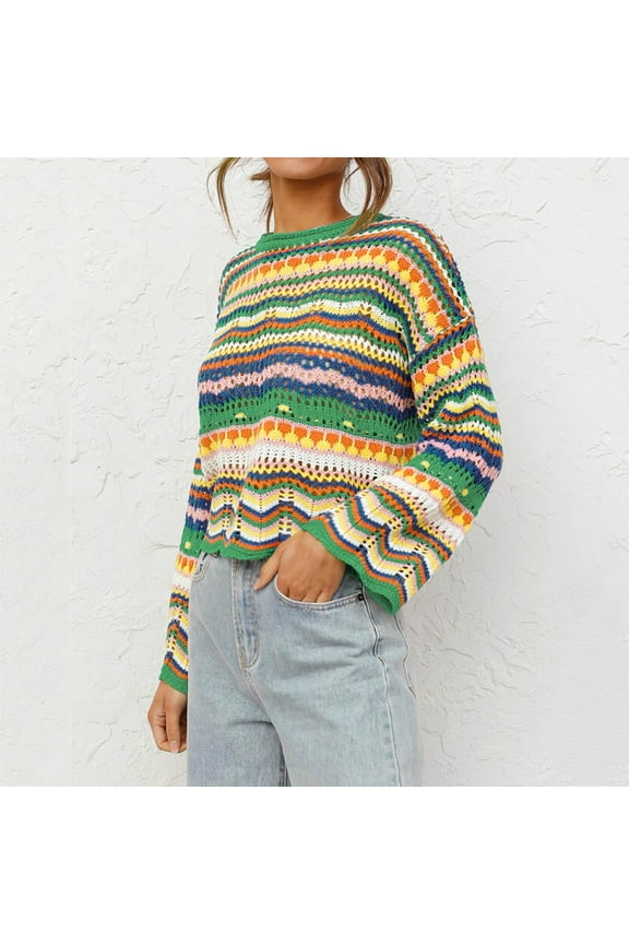 Green Womens Tops Women Long Sleeve Crop Top Crochet Knit Color Block Pullover Tops Loose Patchwork Shirts Going Out Tops for Women