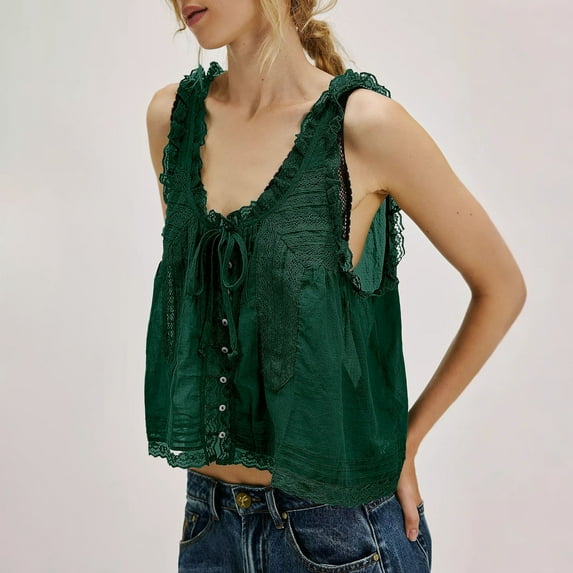Green Tshirts for Women Sleeveless Lace Tank Tops Vacation Front Tie Mesh Chiffon Tops Going Out Tops for Women