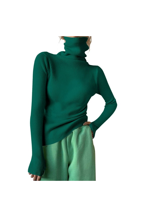 Green Womens Tops Women Turtleneck Ribbed Knit Sweater Top Thumb Hole Long Sleeve Mock Neck Solid Slim Fit Casual Knitted Jumper Shirts for Women