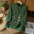 thumbnail image 1 of Green Womens Tops Women's Cotton Linen Embroidered Shirt Tops Boho 3/4 Sleeeve Tunic Top Elegant Blouse Shirts for Women, 1 of 6