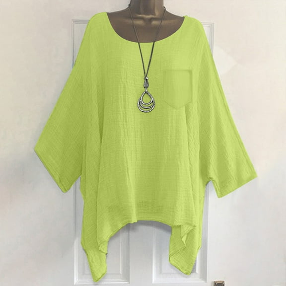 Green Womens Tops Women's Cotton and Linen Spring and Summer Loose Pocket Short Sleeved T Shirt Going Out Tops for Women