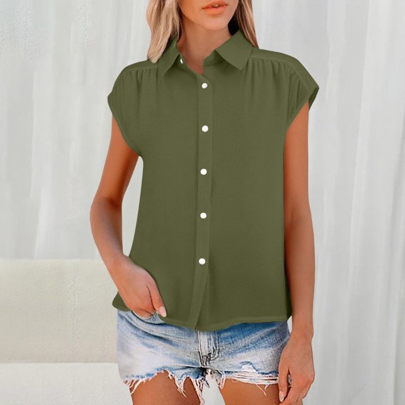 Green Womens Tops Women's Elastic Cuffs Cotton Linen Button Up Shirt for Daily Casual Commuting Shirts for Women