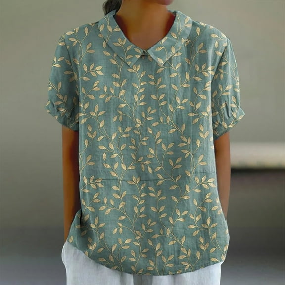 Green Womens Tops Women's Linen Lapel Art Floral Round Neck Button Loose Pullover Top Casual Shirt T Shirt Going Out Tops for Women