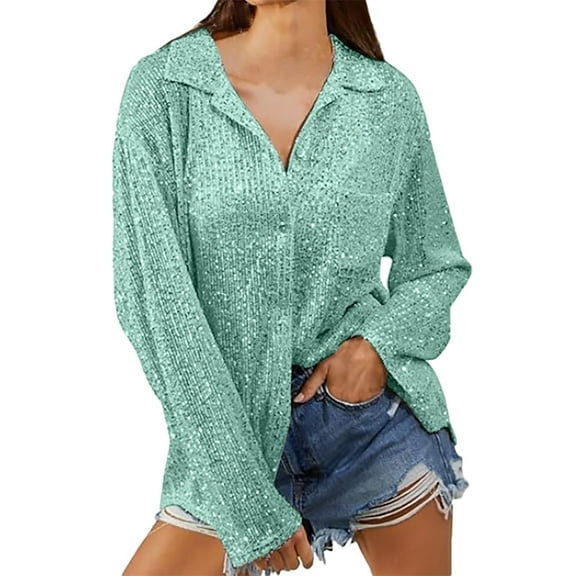 Green Womens Tops Women's Long Sleeve Fashionable Sequin Lapel Solid Color Casual Shirts for Women