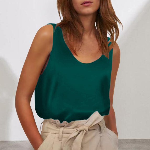 Green Womens Tops Women's Satin Sleeveless Top Round Neck Trade Color Ding Loose Vest Shirts for Women