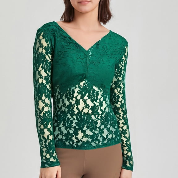 Green Womens Tops Women's Spring Solid Color V Shaped Collar Slim Fit Pullover Lace Long Sleeved Top Shirts for Women