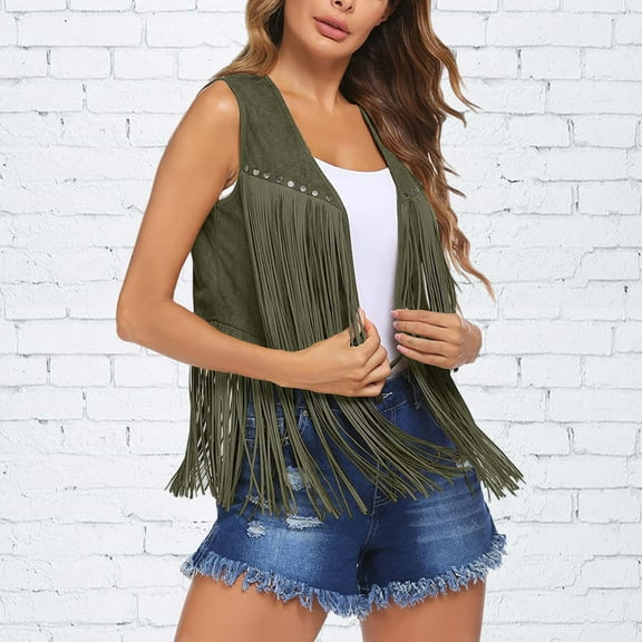Green Womens Tops Women's Summer Suede Tassel Buttonless Mid Length Vest Cardigan Top Shirts for Women