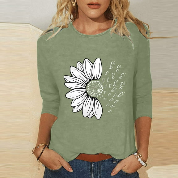 Green Womens Tops Women's Sunflower Chrysanthemum Flower Butterfly Print 7 Quarter Sleeve Crew Neck Top Shirts for Women