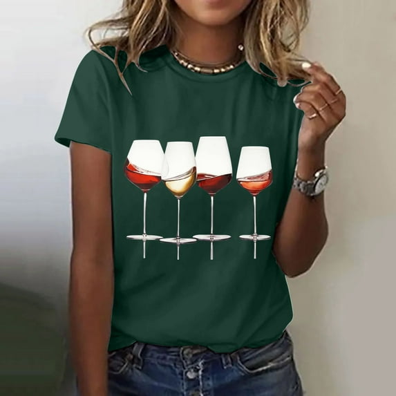Green Womens Tops Women's Wine Glass Printed Shirt Short Sleeve Round Neck T Shirt Fashion Top Lightweight Soft Casual Summer Clothing Clothes Shirts for Women