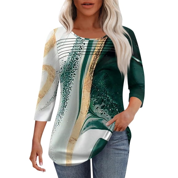 Green Womens Tops Womens 3/4 Length Sleeve Tops Casual Summer Pleated Front T Shirts Round Neck Business Work Tunic Blouses Shirts for Women