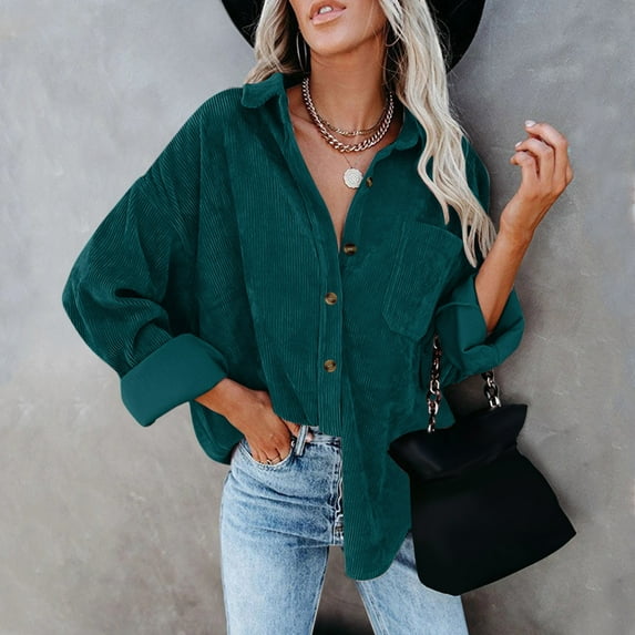 Green Womens Tops Womens Corduroy Button Down Shirt Oversized Blouses Tops Long Sleeve Casual Warm Jacket with Pockets Going Out Tops for Women