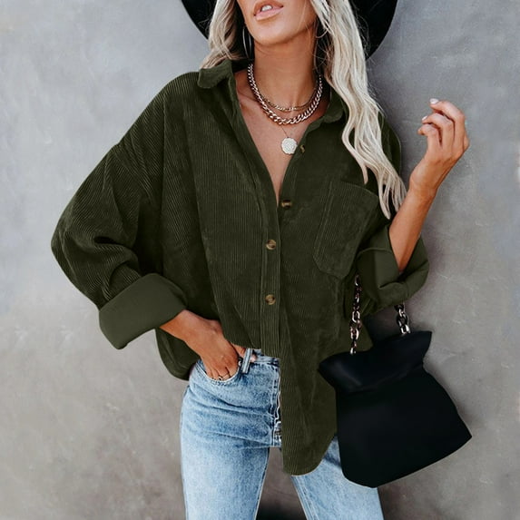 Green Womens Tops Womens Corduroy Button Down Shirt Oversized Blouses Tops Long Sleeve Casual Warm Jacket with Pockets Going Out Tops for Women