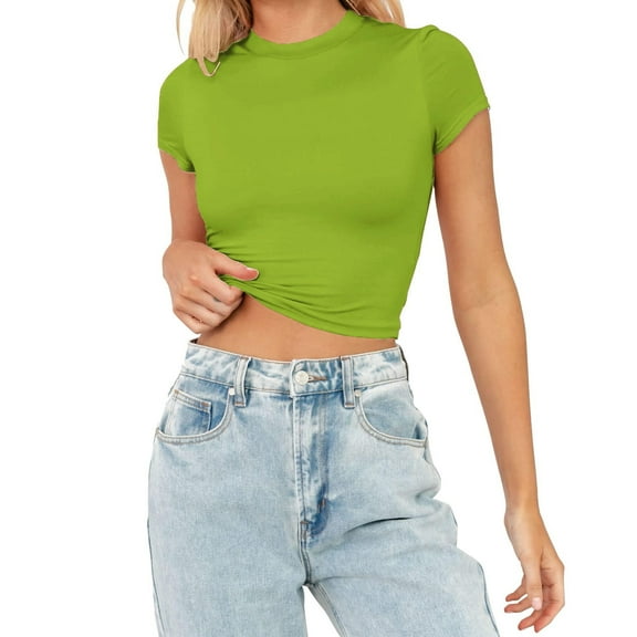 Green Womens Tops Womens Fashion Summer Short Sleeve Cute Crop Tops Casual Basic Crewneck Slim Fit T Shirts Shirts for Women