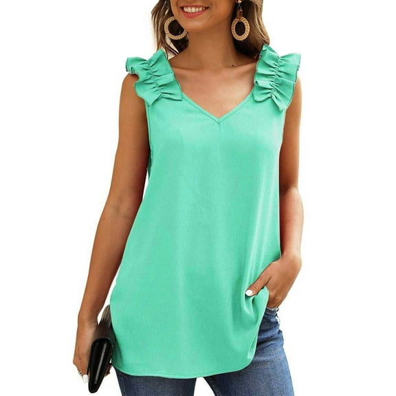 Green Womens Tops Womens Ruffles Shoulder V Neck Sleeveless Casual Summer Blouse Tunic Tank Tops Shirts for Women