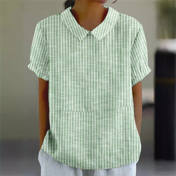 Green Womens Tops Womens Summer Tops Lapel Retro Striped Back Button Loose Top Casual Shirt T Shirts for Women