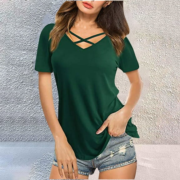 Green Womens Tops Womens Summer Tops V Neck Short Sleeve Basic Plain Tee T Shirts for Women