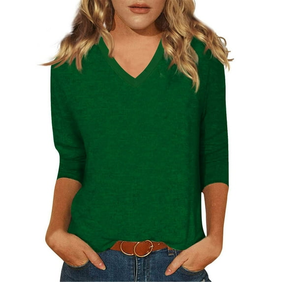 Green Womens Tops Womens Tops 3/4 Sleeve Summer Solid Plain Travel Cute Tops V Neck Slim Fit Half Sleeve Tshirts Shirts Spring Blouse Shirts for Women