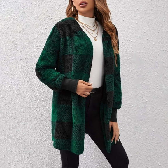 Green Womens Tops Womens Winter Coats Warm Plush Hooded Jackets Up Button Cardigan Trendy Plaid Fuzzy Outerwear Shirts for Women