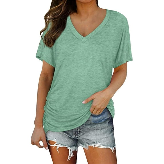 Green Womens Tunic Tops Dressy Casual, Short Sleeve T Shirt Plus Size Women, Weekend Cotton Women Plus Size Shirt, s V Neck Plain Color Soft Loose Fitting Summer T Shirts Women