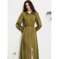 thumbnail image 1 of Green Womens Viscose Tencel Pleated Shirt Collar Button Down Long Sleeve Cinched Waist Casual Maxi Dress, 1 of 8