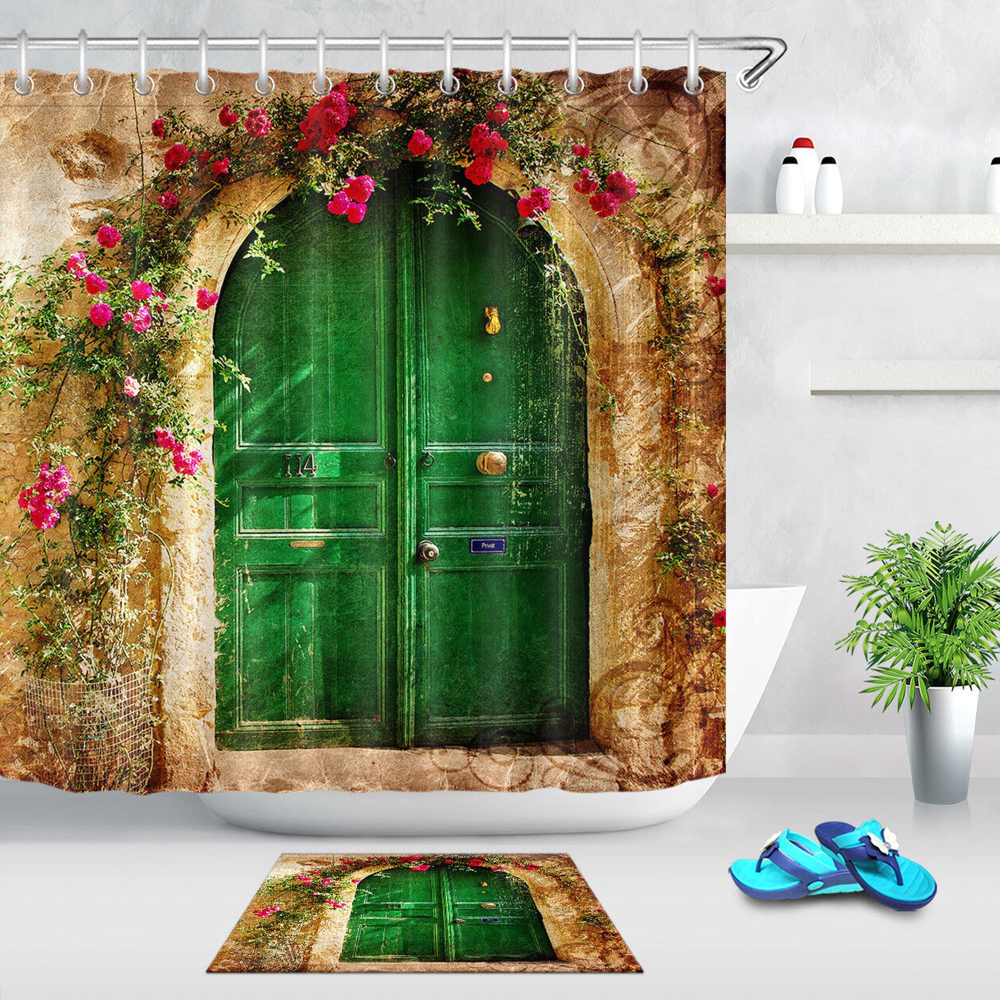 Green Wood Door Design Shower Curtain Waterproof Fabric with Floral