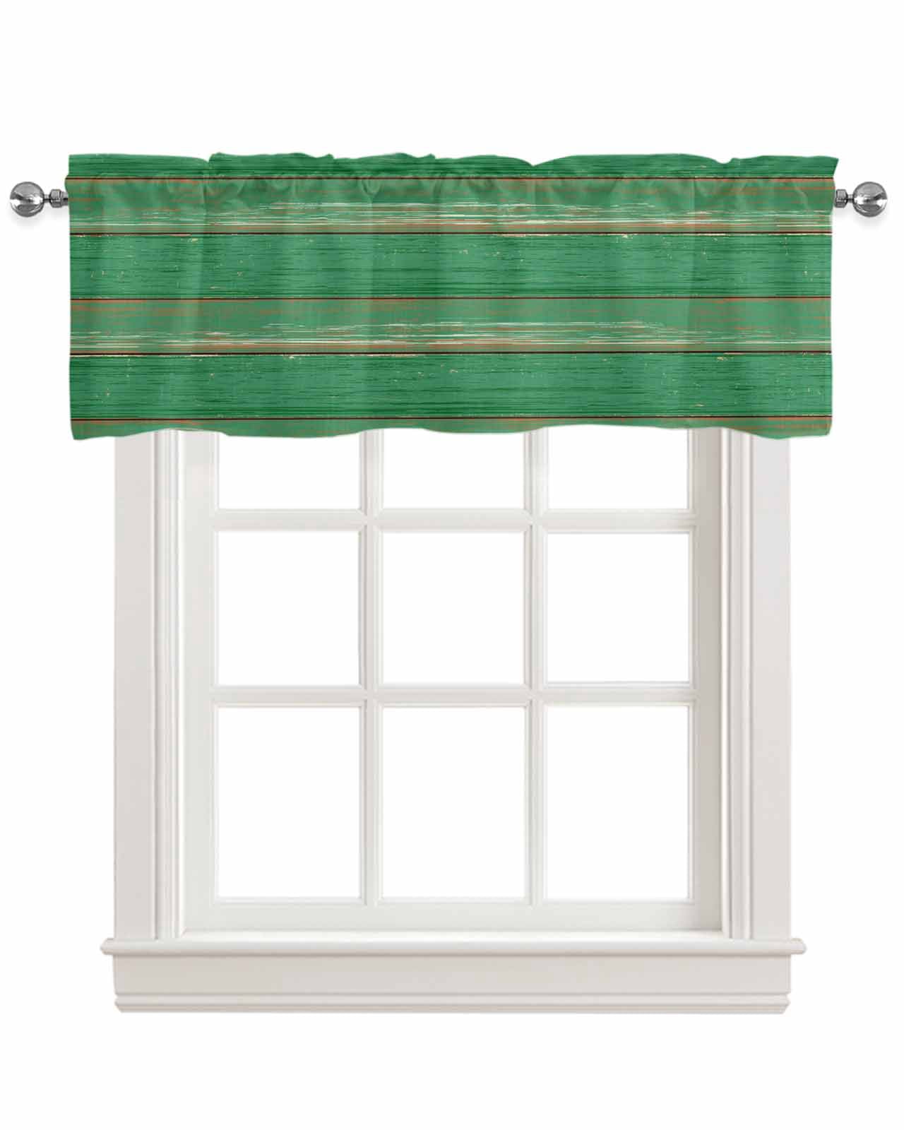 Green Wood Grain Kitchen Valances for Windows Farmhouse Linen Window Valance Curtain for Living Room Window Treatment Farmhouse Texture Vintage Country Valance Rod Pocket Topper Drape, 60 x 18 Inch