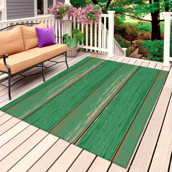 Green Wood Grain Outdoor Rug for Patio/Deck/Porch, Non-Slip Large Area Rug 3 x 5 Ft, Farmhouse Texture Vintage Country Indoor Outdoor Rugs Washable Area Rugs, Reversible Camping Rug Carpet Runner