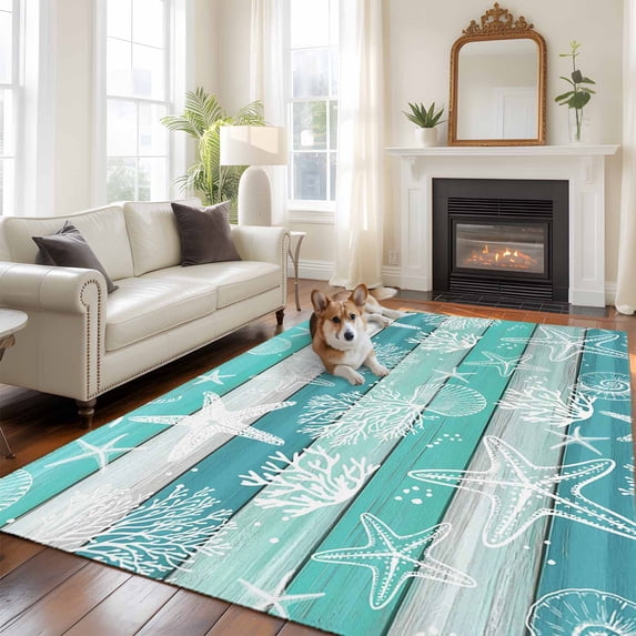 Green Wood Striped Area Rugs 5x7 ft Nautical Starfish Coral Shell Vintage Washable Rug Non Slip Indoor Carpet Absorbent Floor Mat for Living Room Bedroom Dining Room