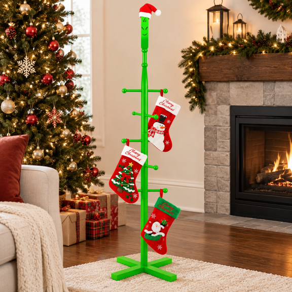Green Wooden Christmas Stocking Holder Stand For Floor With 10 Hooks