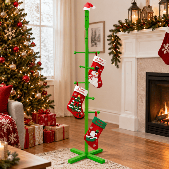 Green Wooden Christmas Stocking Holder Stand with 10 Hooks for Floor Display