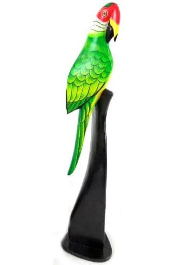 Green Wooden Parrot Bird on Stand Sculpture Carving Statue Handmade