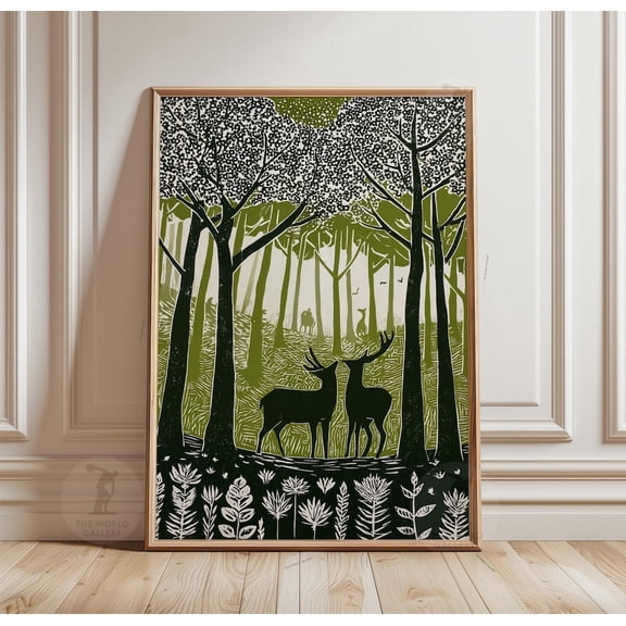 Green Woodland Deer Poster Forest Silhouette Minimalist Nature Art, Unframed Poster