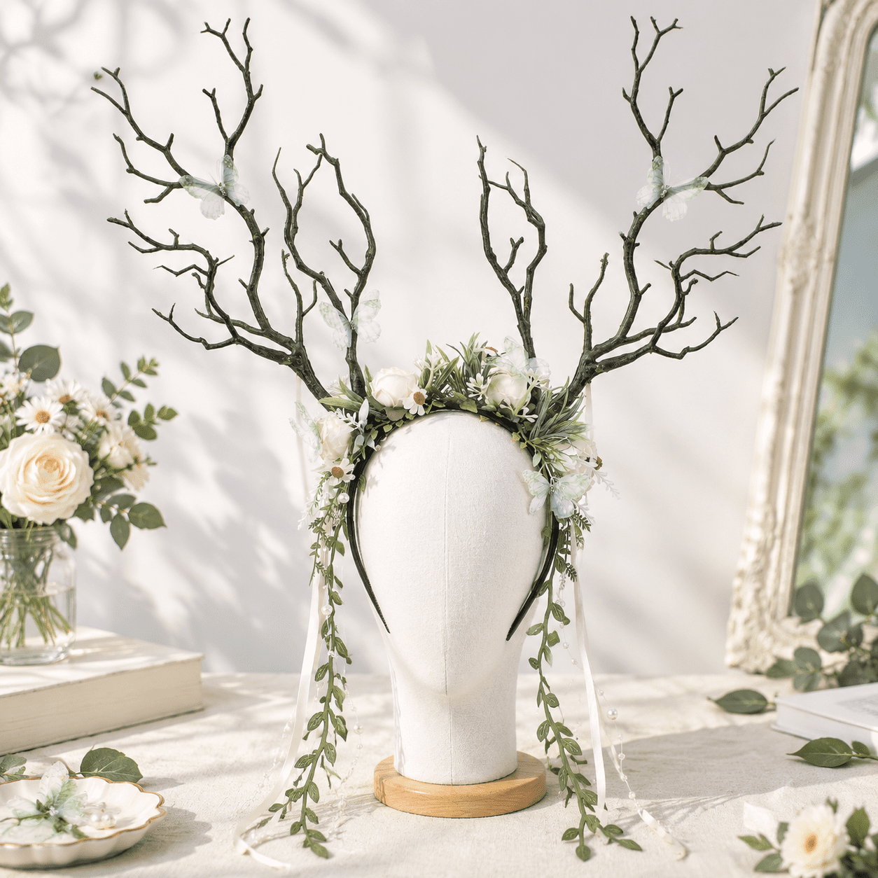 General Flash Accessory Green Woodland Flower Branch Antler Headband Fairy Renaissance Costume ...