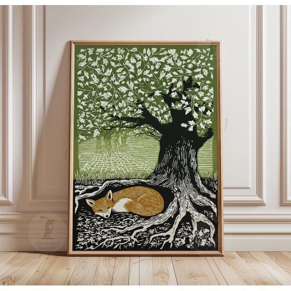 Green Woodland Fox Poster, Vintage Forest Animal Wall Art, Sleeping Fox Nature, Poster Only