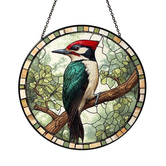 Green Woodpecker Forest Stained Glass Suncatcher, Window Hanging Ornament, Vibrant Bird Home Decor, Gift for Mom, Bird Lovers, or Nature Enthusiasts