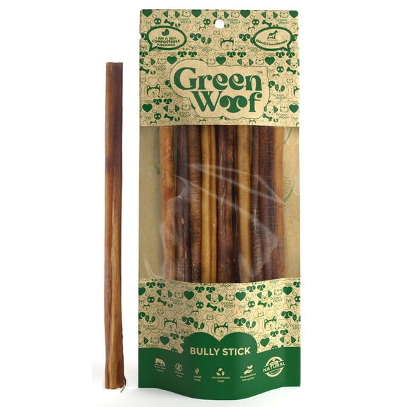 Green Woof, Bully Sticks (12 Inch), Easily Digestible 100% Pure Beef Treats, Pasture-Raised, Organic, Grain-Free, Durable and Long-Lasting Chews for Medium & Large Dogs (Extra Large, 12, Count)