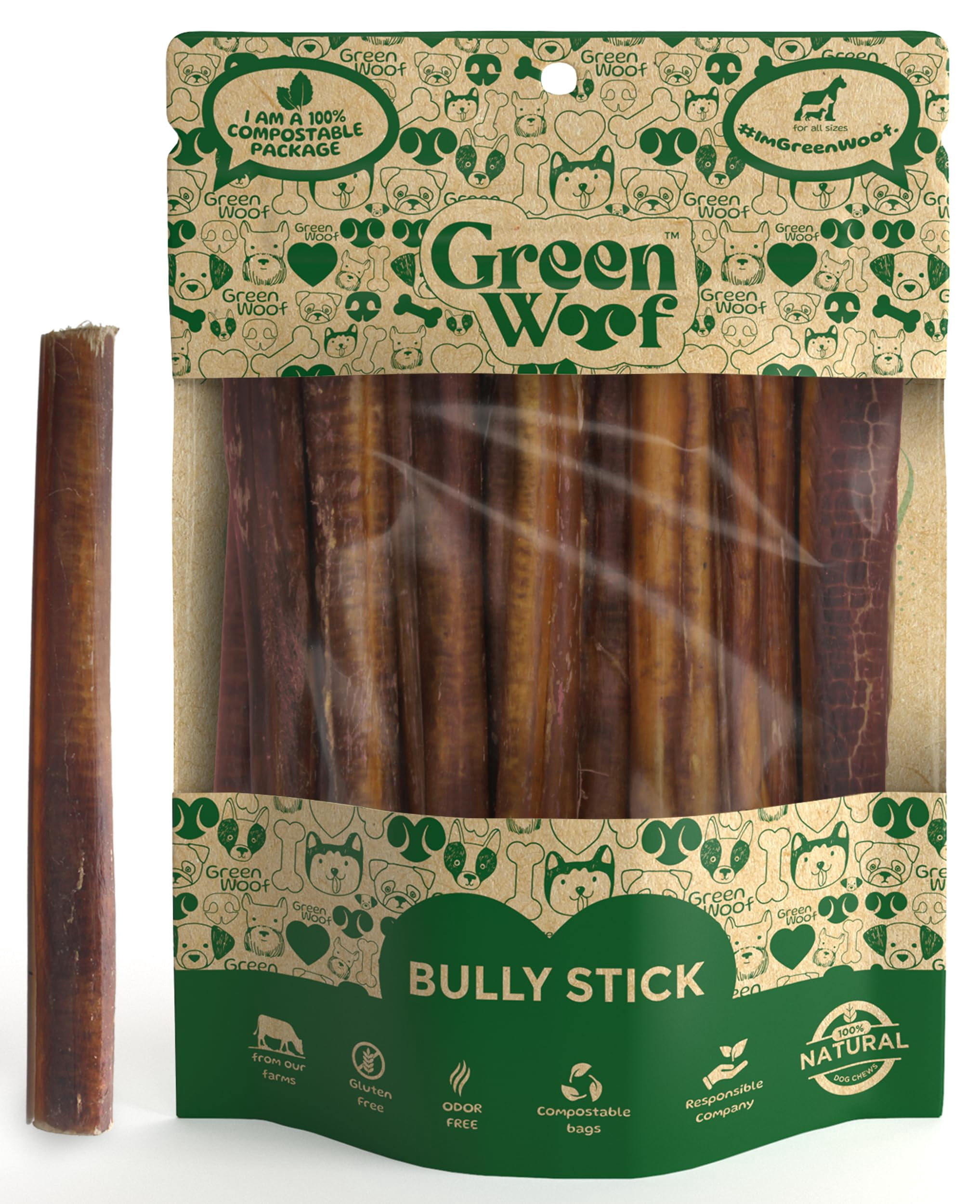 Green Woof, Bully Sticks (6 Inch), Easily Digestible 100% Pure Beef Treats, Pasture-Raised, Organic, Grain-Free, Durable and Long-Lasting Chews for Medium & Large Dogs (Medium, 20, Count)