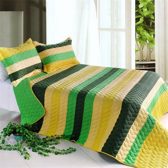 Green World 3 Piece Full/Queen Vermicelli Striped Quilt Set