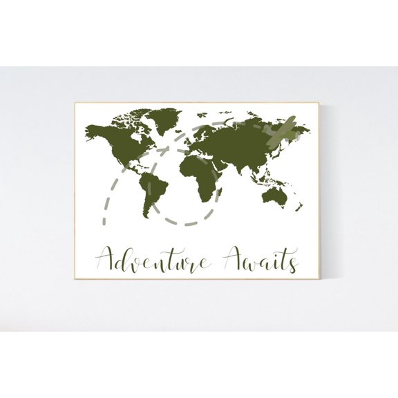 Green World Map Adventure Nursery Wall Decor Unframed Paper Print