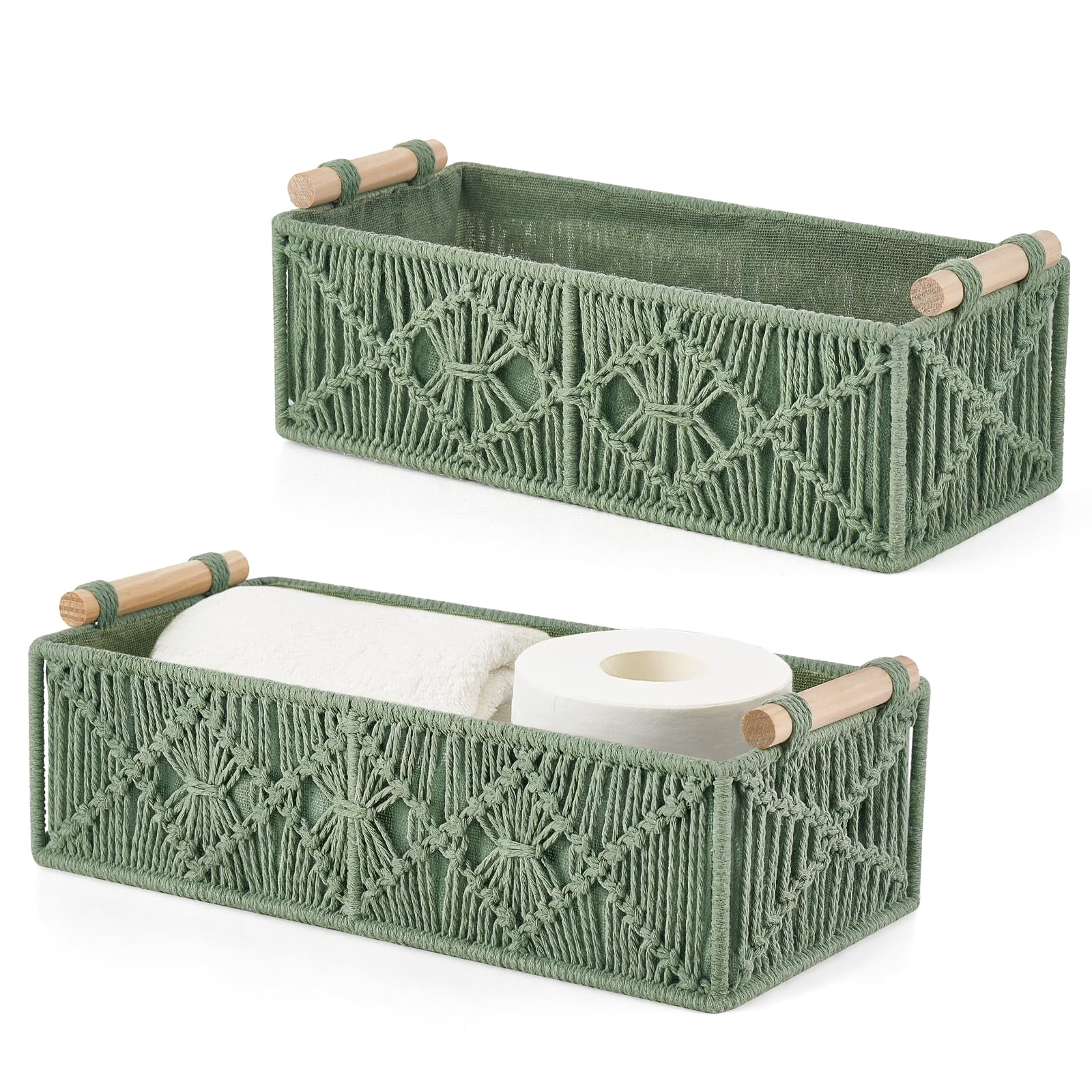 Green Woven Cotton Storage Baskets Set of 2 Multi-Use Home Organization
